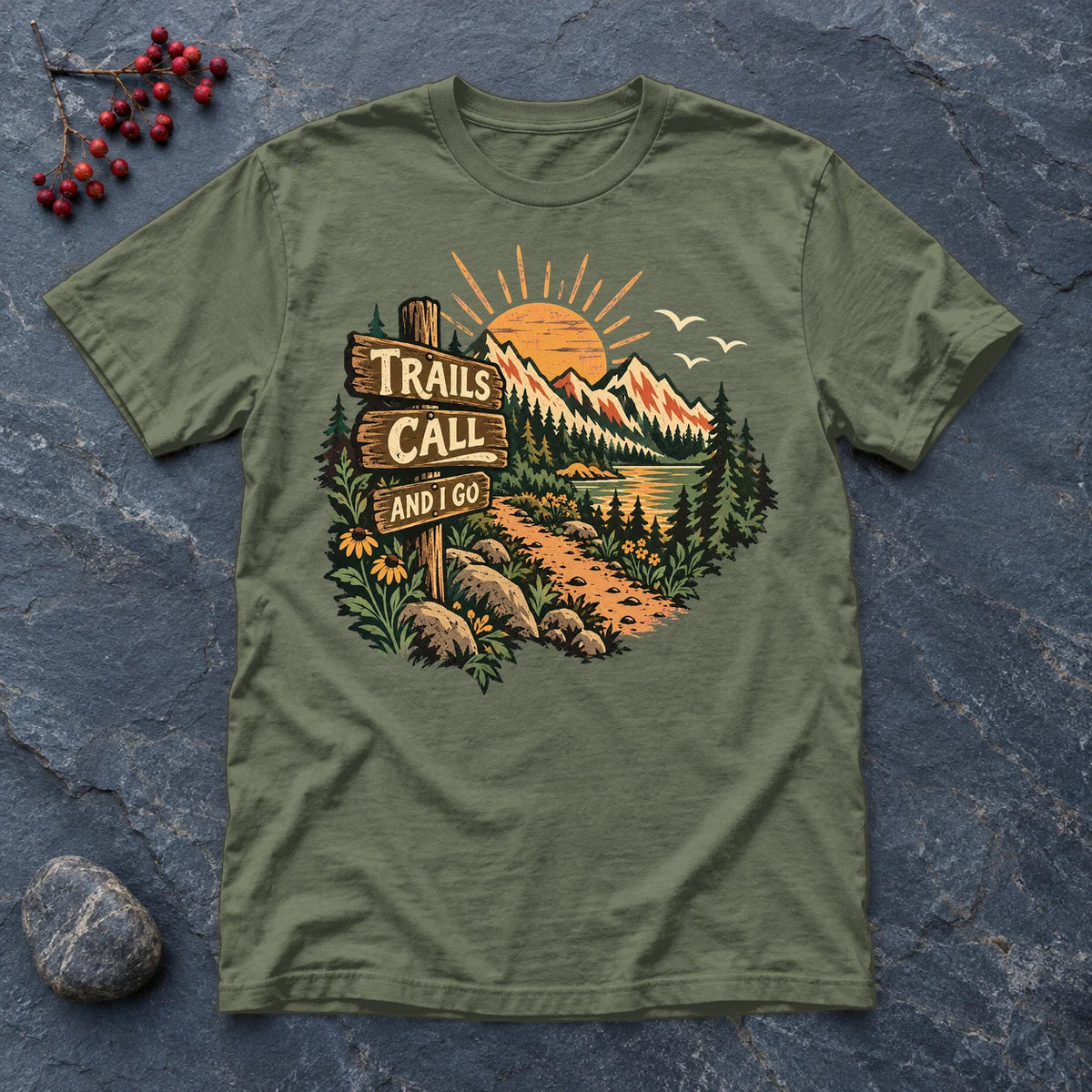 Trails Call Vintage Hiking Graphic Tee on Military Green Everyday Soft Tee