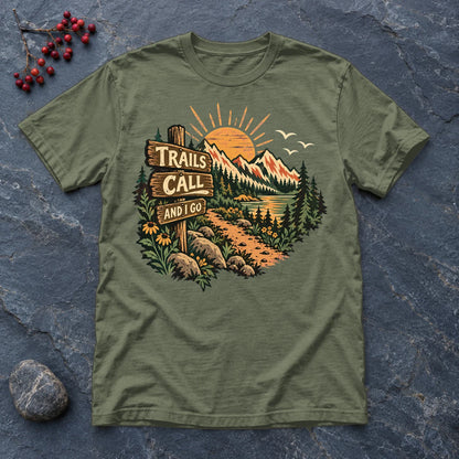Trails Call Vintage Hiking Graphic Tee on Military Green Everyday Soft Tee