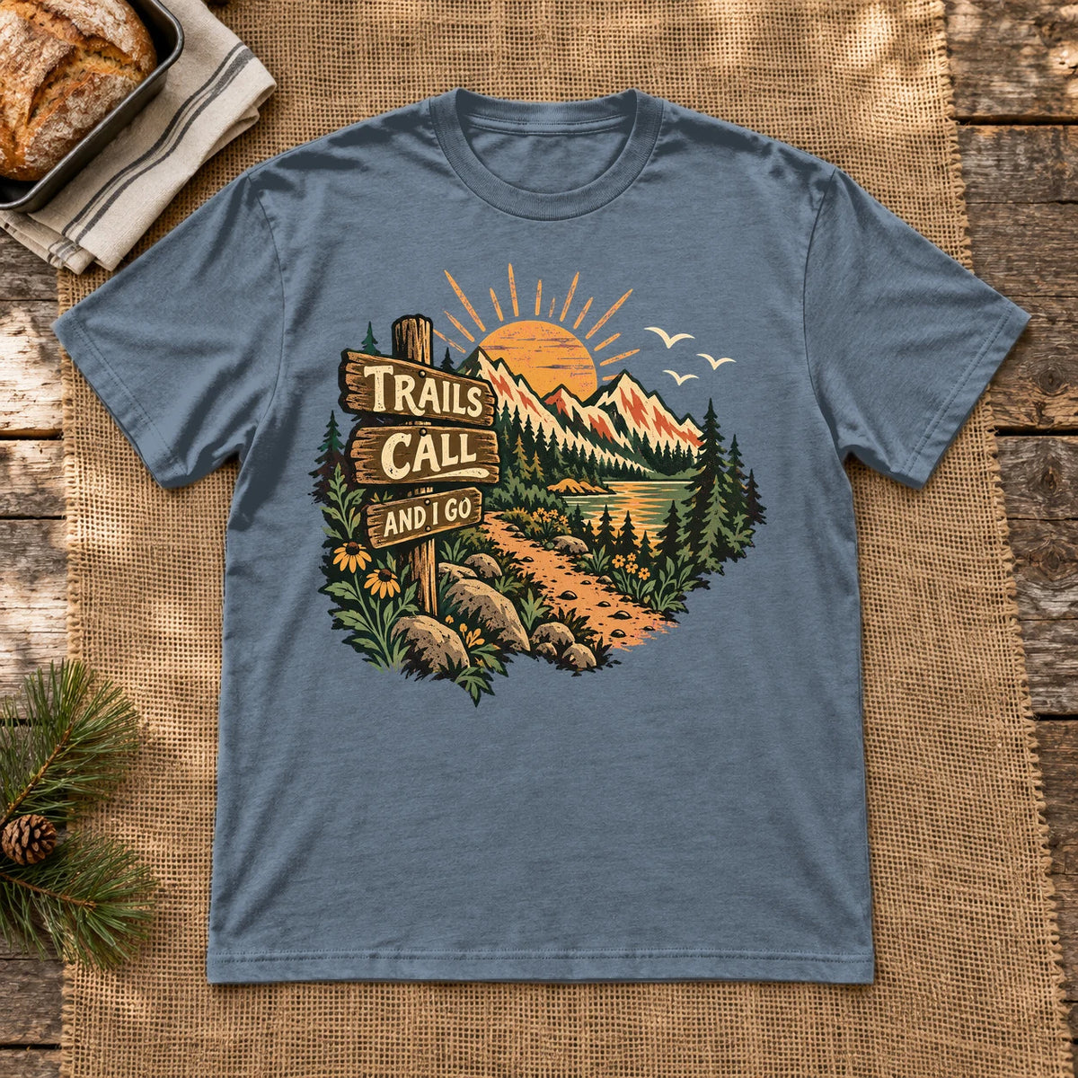 Trails Call Vintage Hiking Graphic Tee on Heather Indigo Everyday Soft Tee