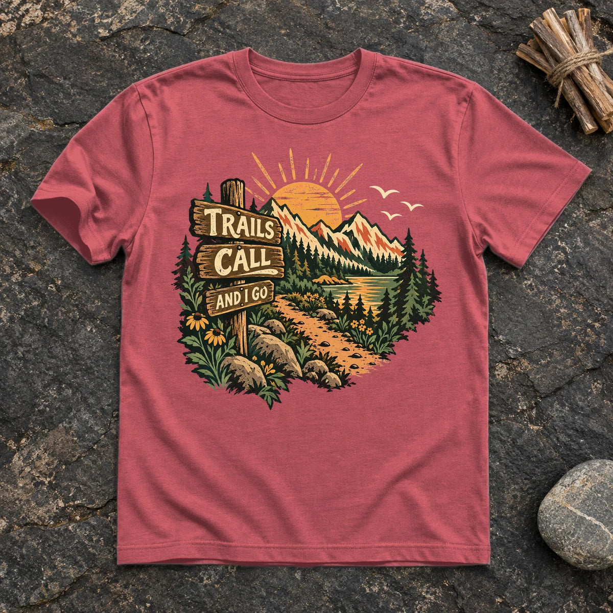 Trails Call Vintage Hiking Graphic Tee on Heather Red Everyday Soft Tee