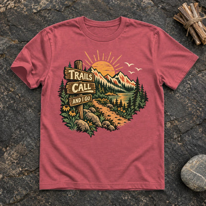 Trails Call Vintage Hiking Graphic Tee on Heather Red Everyday Soft Tee
