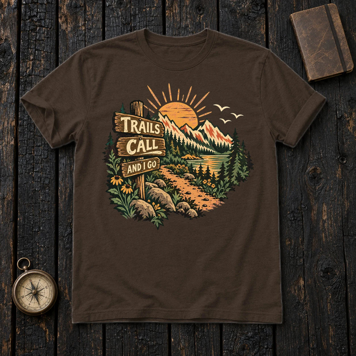 Trails Call Vintage Hiking Graphic Tee on Dark Chocolate Everyday Soft Tee
