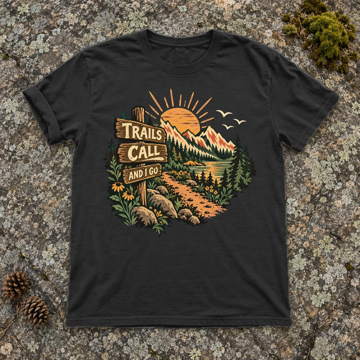 Trails Call Vintage Hiking Graphic Tee on Black Premium Tee