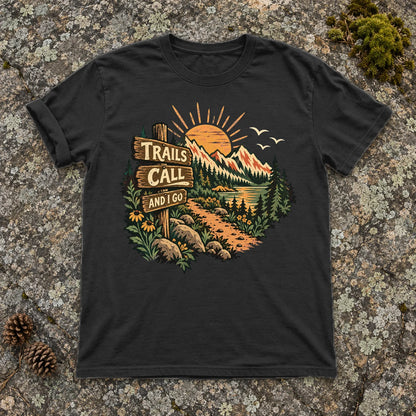 Trails Call Vintage Hiking Graphic Tee on Black Premium Tee