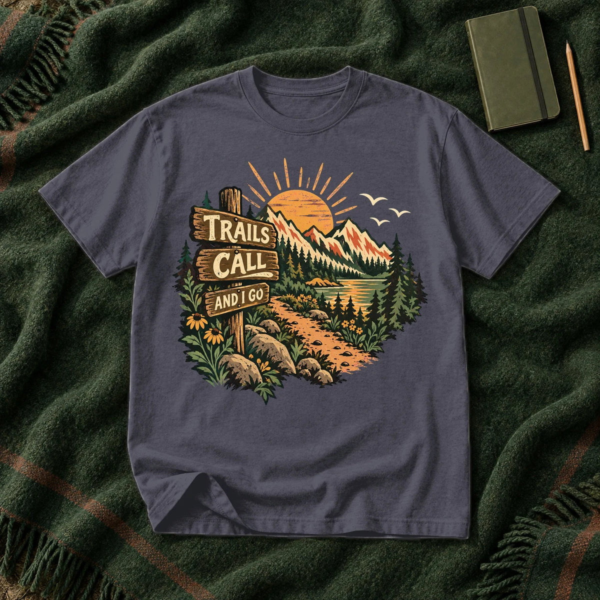 Trails Call Vintage Hiking Graphic Tee on Navy Premium Tee