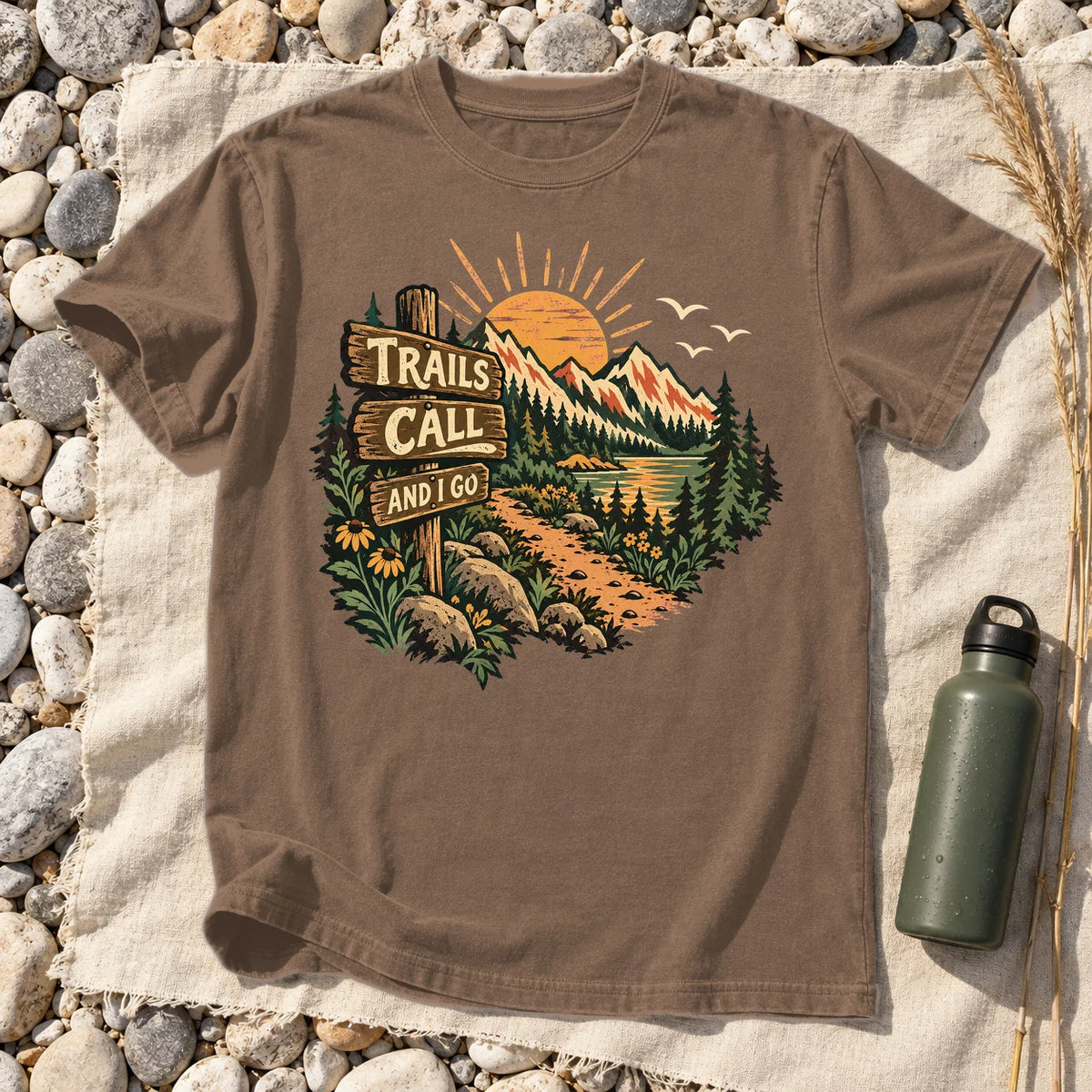 Trails Call Vintage Hiking Graphic Tee on Espresso Premium Tee