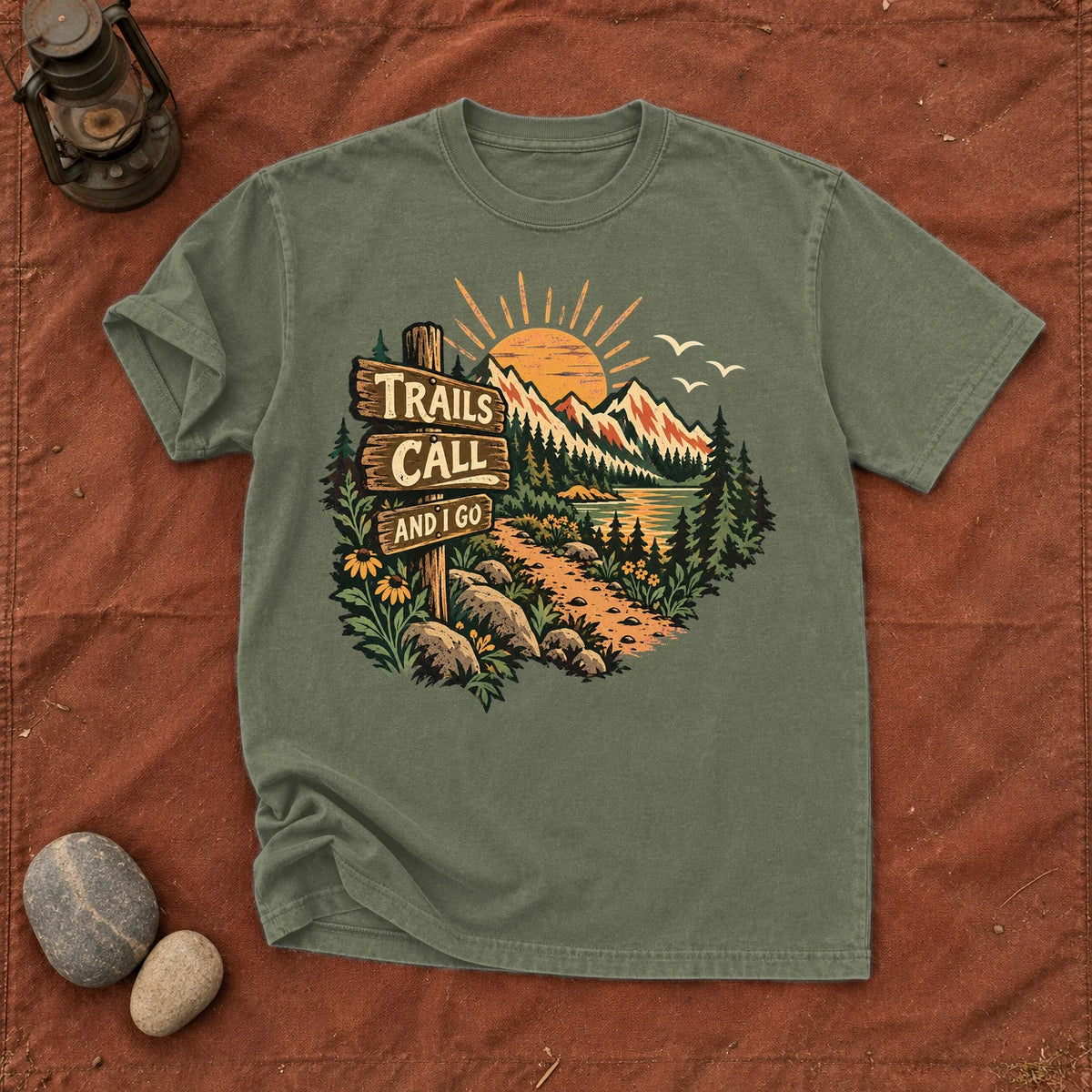 Trails Call Vintage Hiking Graphic Tee on Moss Premium Tee