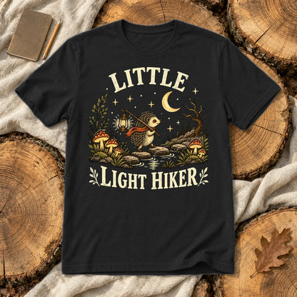 Little Light Hiker Hedgehog Graphic Tee on Black Everyday Soft Tee