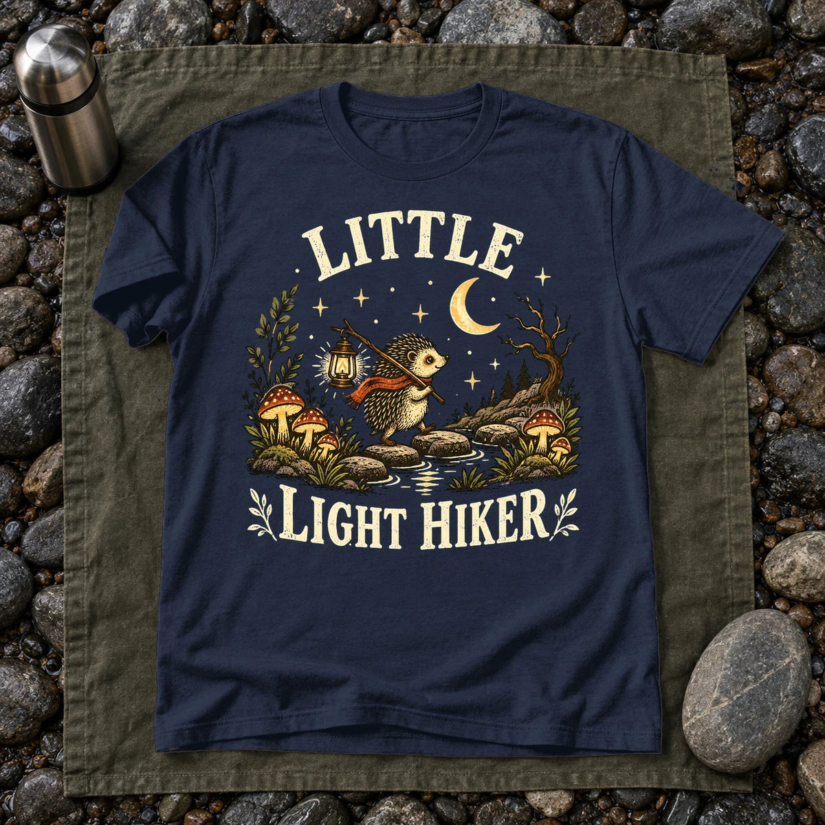 Little Light Hiker Hedgehog Graphic Tee on Navy Everyday Soft Tee