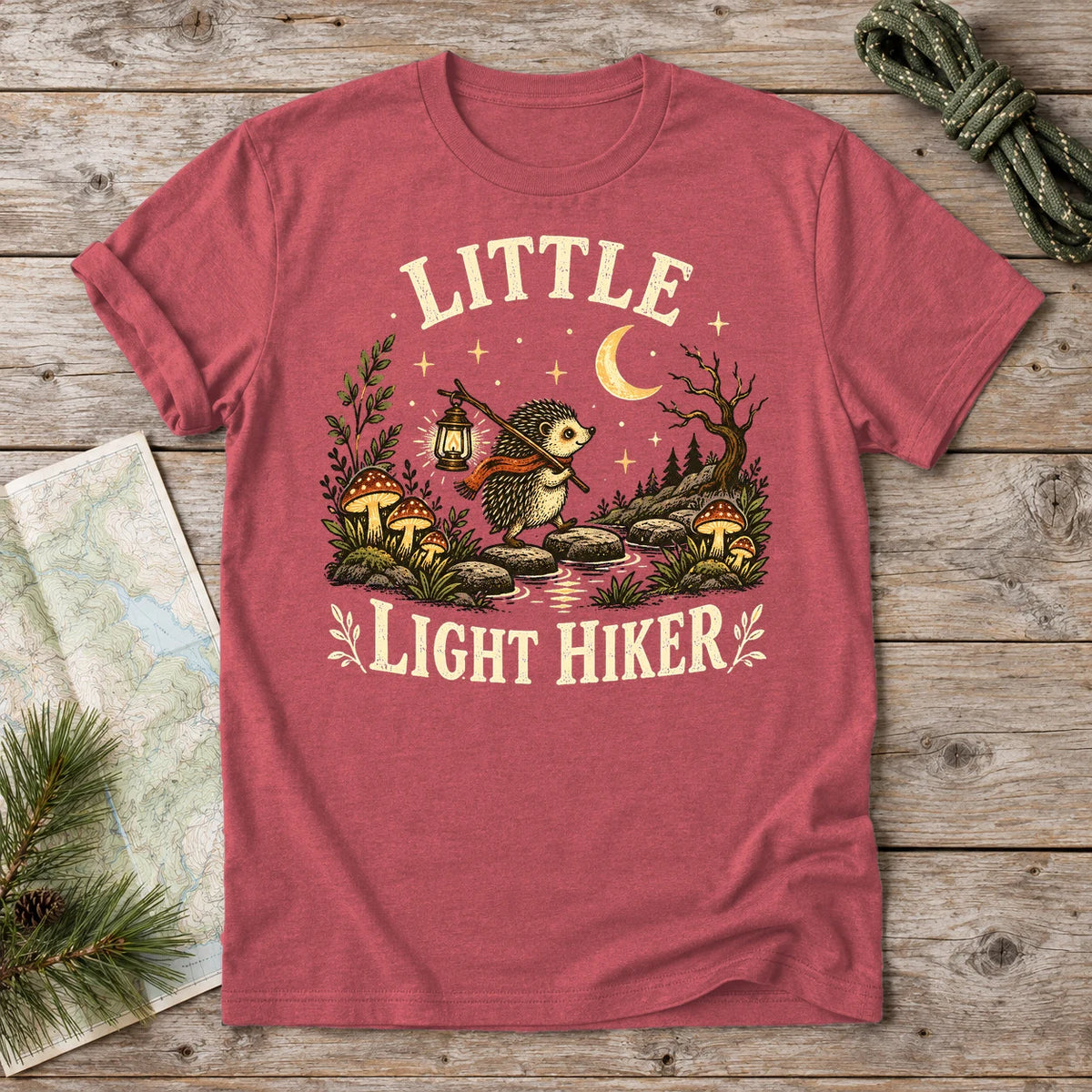 Little Light Hiker Hedgehog Graphic Tee on Heather Red Everyday Soft Tee