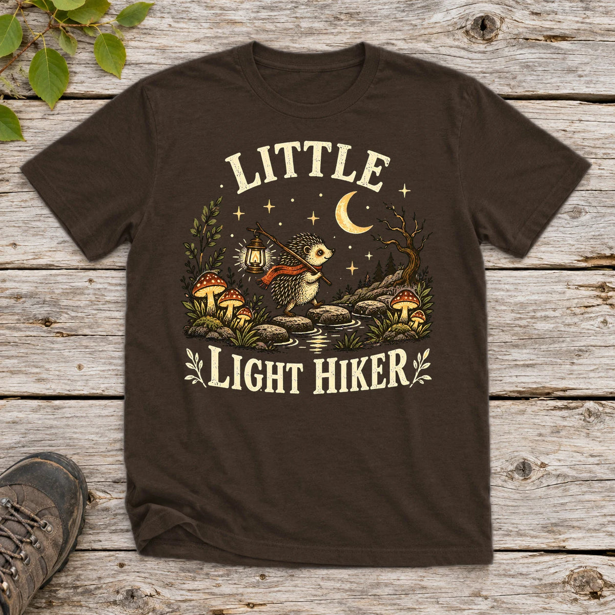 Little Light Hiker Hedgehog Graphic Tee on Dark Chocolate Everyday Soft Tee