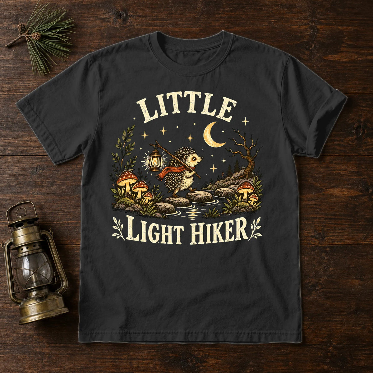 Little Light Hiker Hedgehog Graphic Tee on Black Premium Tee