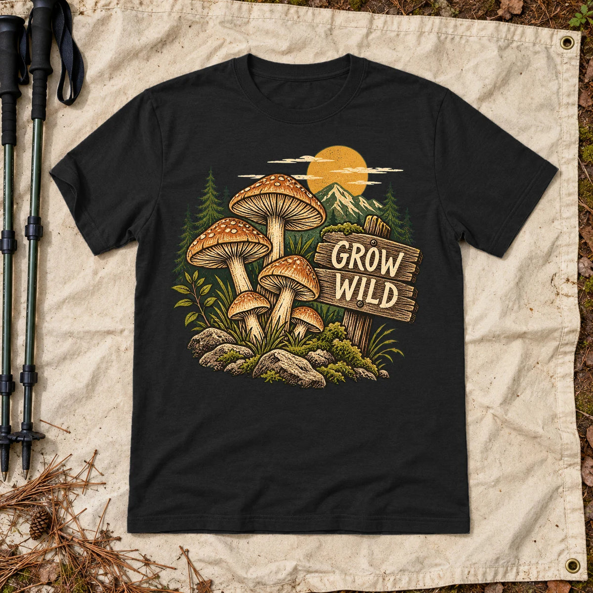 Grow Wild Mushroom Graphic Tee on Black Everyday Soft Tee