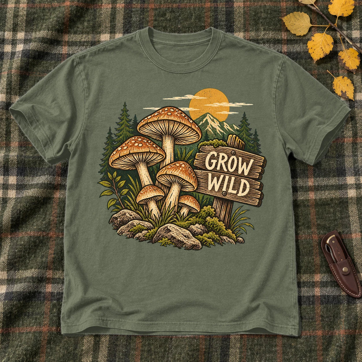 Grow Wild Mushroom Graphic Tee on Military Green Everyday Soft Tee