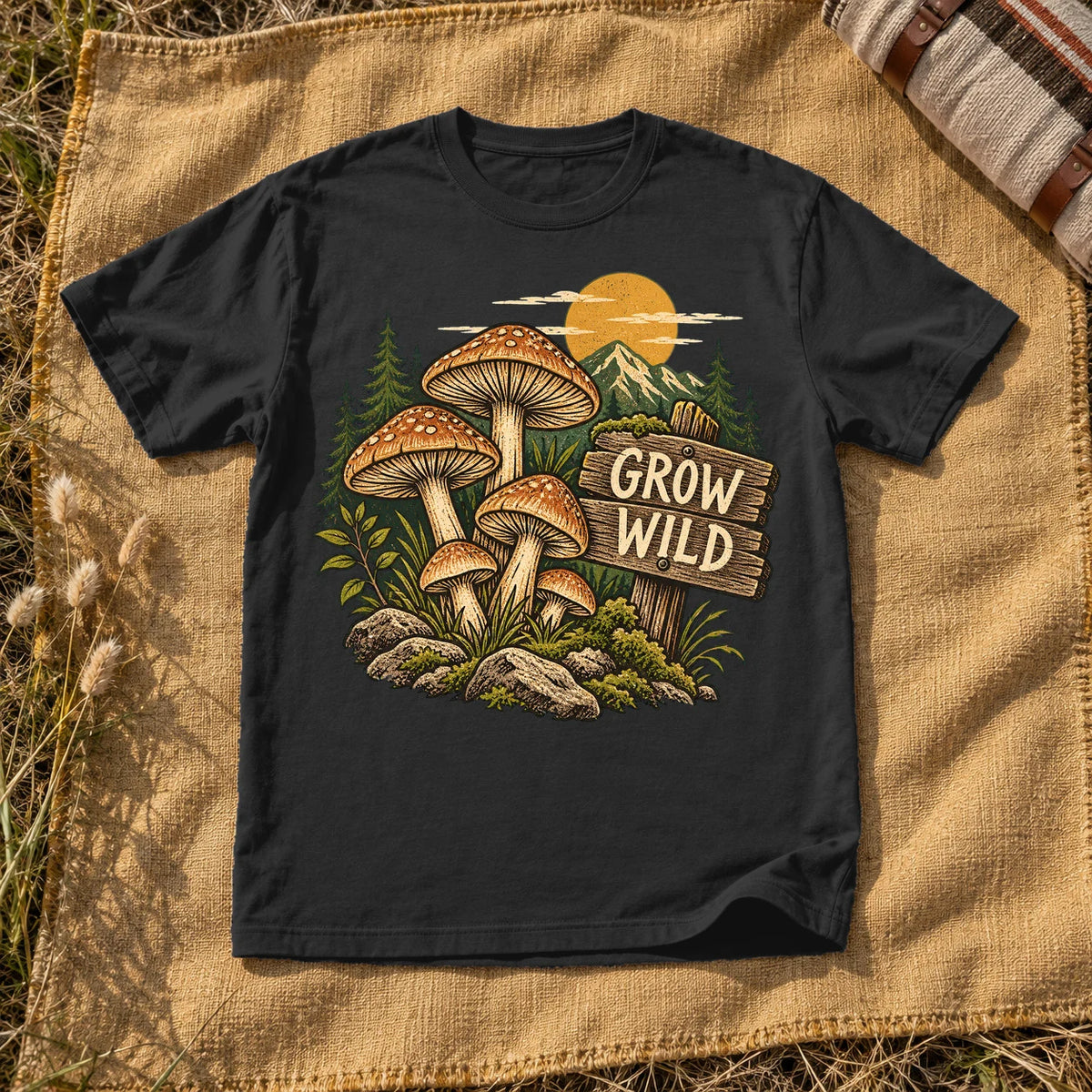 Grow Wild Mushroom Graphic Tee on Black Premium Tee