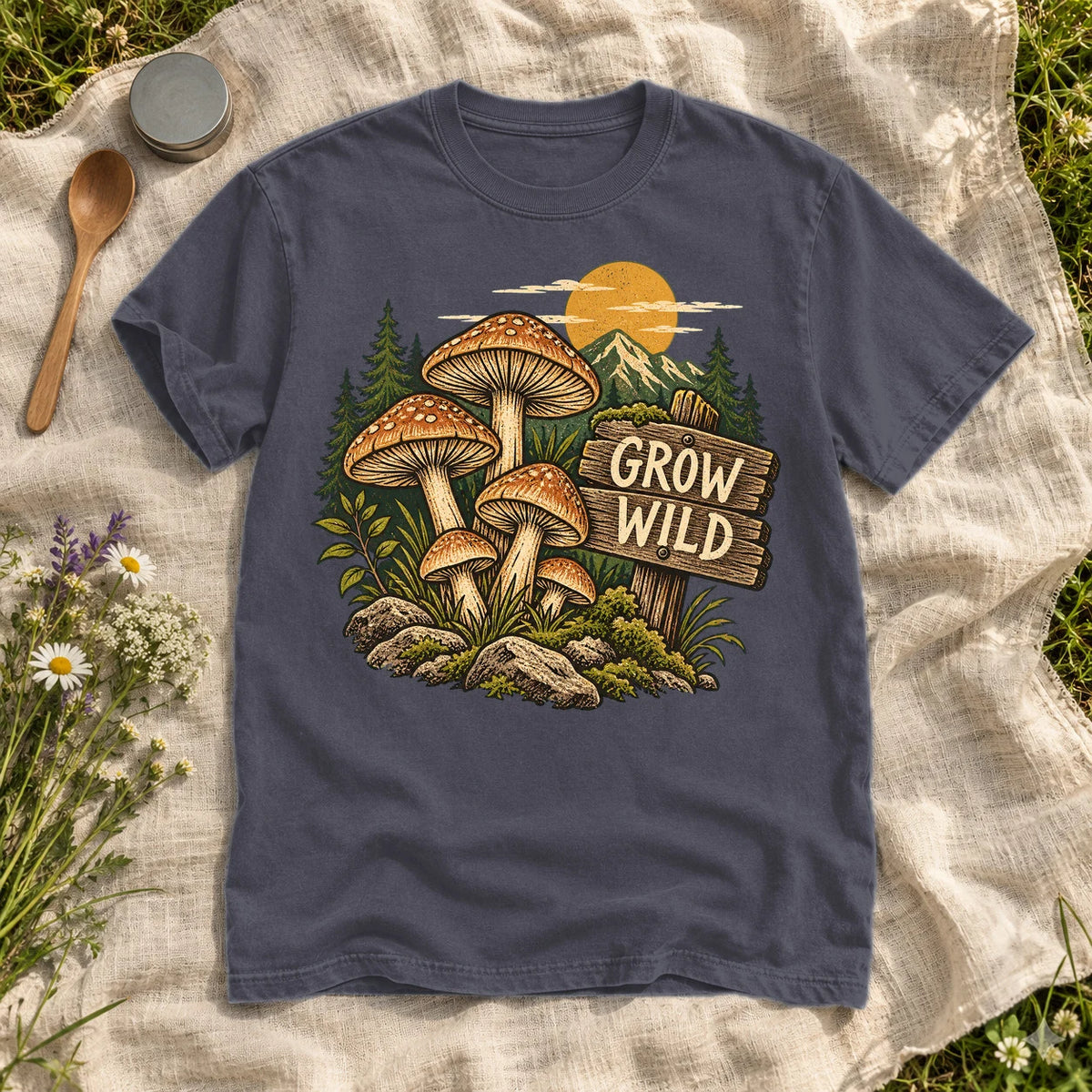 Grow Wild Mushroom Graphic Tee on Navy Premium Tee
