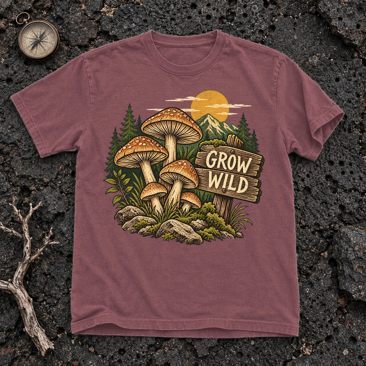 Grow Wild Mushroom Graphic Tee on Brick Premium Tee