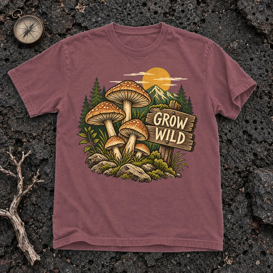 Grow Wild Mushroom Graphic Tee on Brick Premium Tee