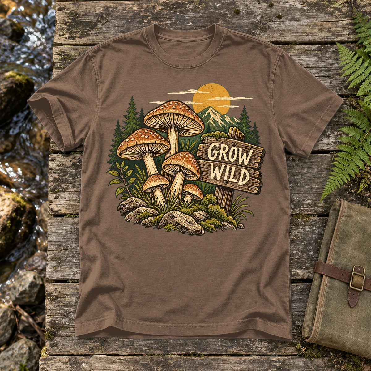 Grow Wild Mushroom Graphic Tee on Espresso Premium Tee