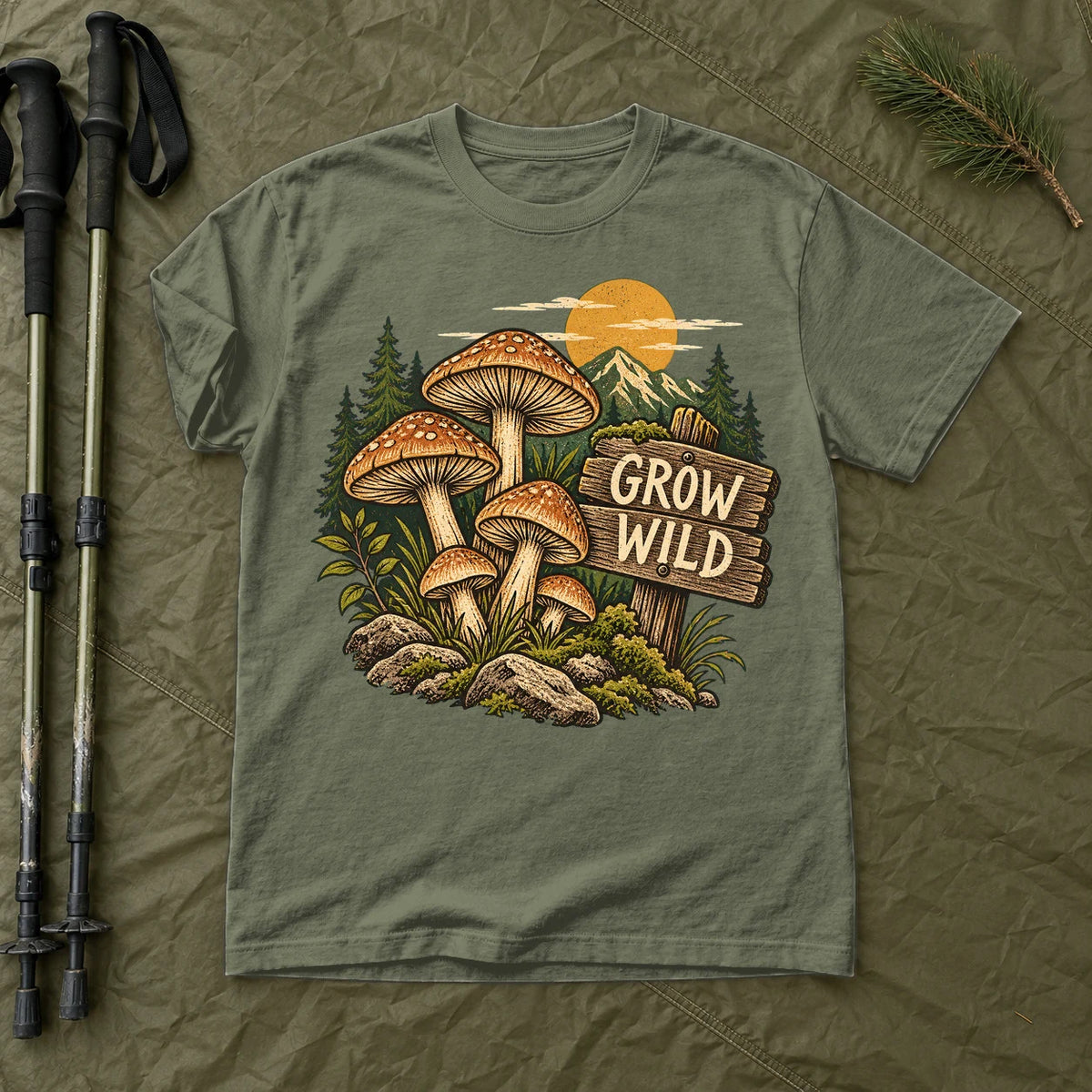Grow Wild Mushroom Graphic Tee on Moss Premium Tee