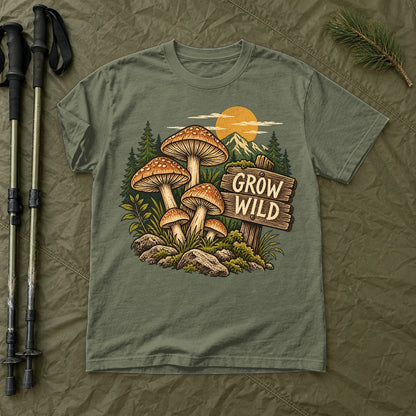 Grow Wild Mushroom Graphic Tee on Moss Premium Tee