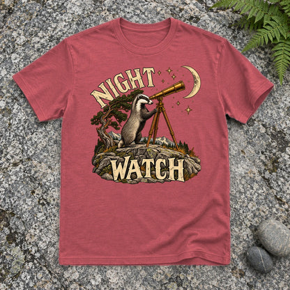 Night Watch Badger Graphic Tee on Heather Red Everyday Soft Tee