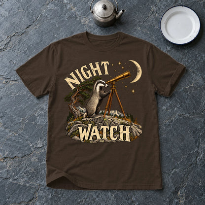 Night Watch Badger Graphic Tee on Dark Chocolate Everyday Soft Tee