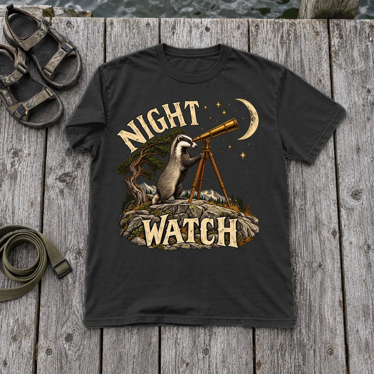 Night Watch Badger Graphic Tee on Black Premium Tee