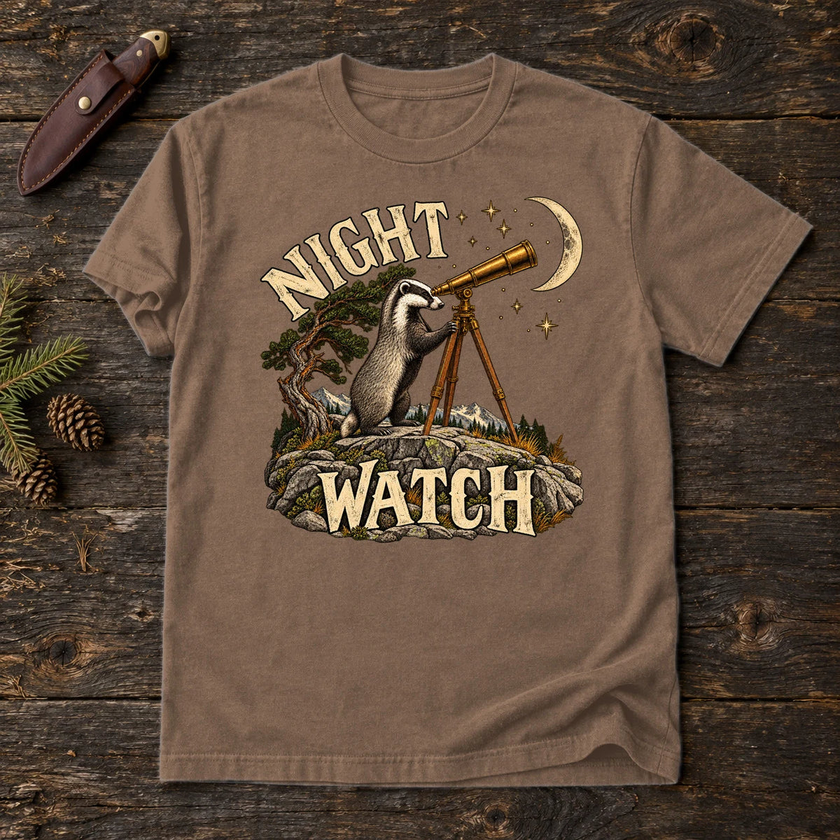Night Watch Badger Graphic Tee on Espresso Premium Tee