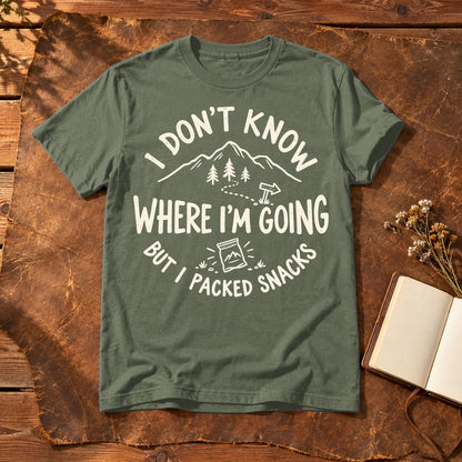 Lost But Packed Snacks Graphic Tee on Military Green Everyday Soft Tee