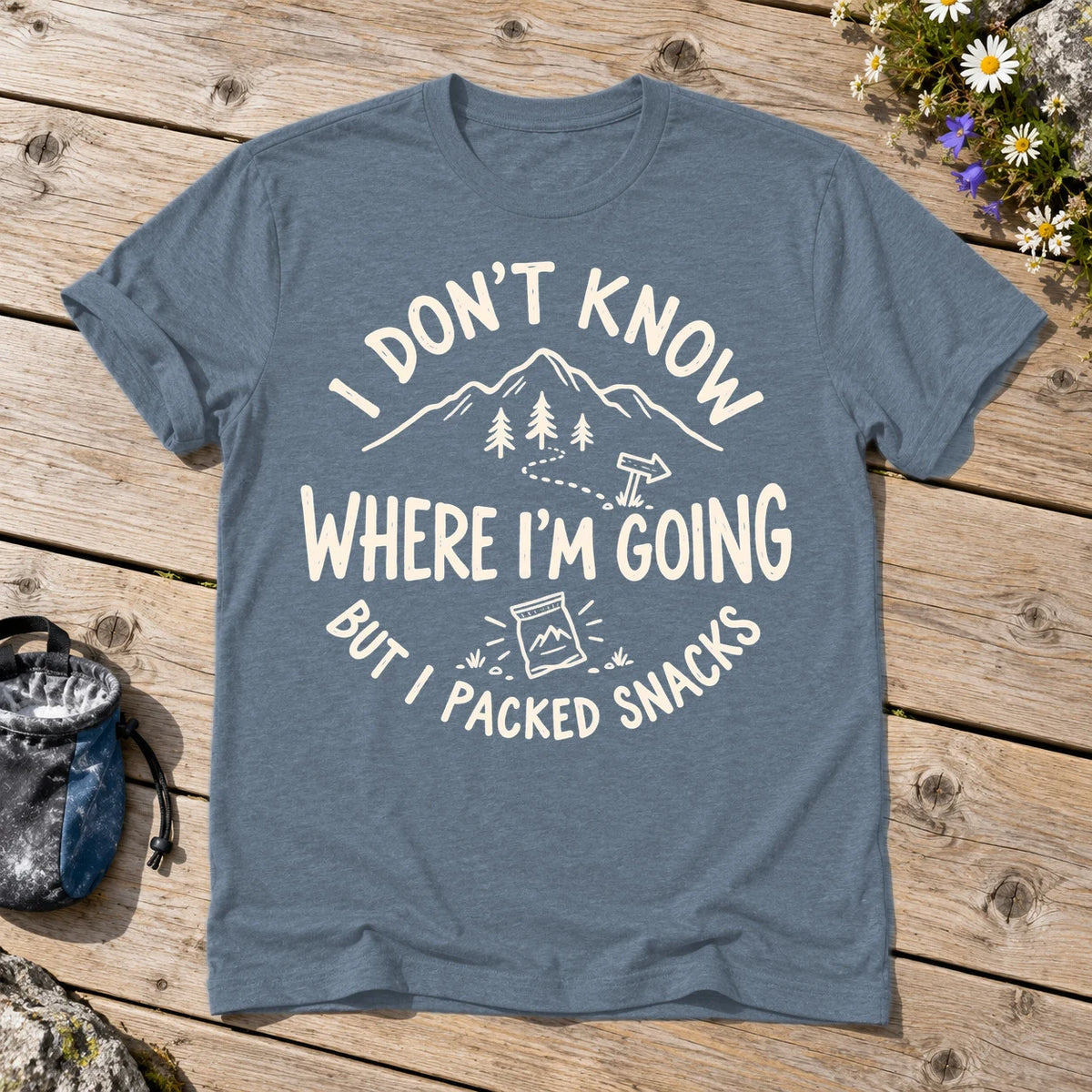 Lost But Packed Snacks Graphic Tee on Heather Indigo Everyday Soft Tee