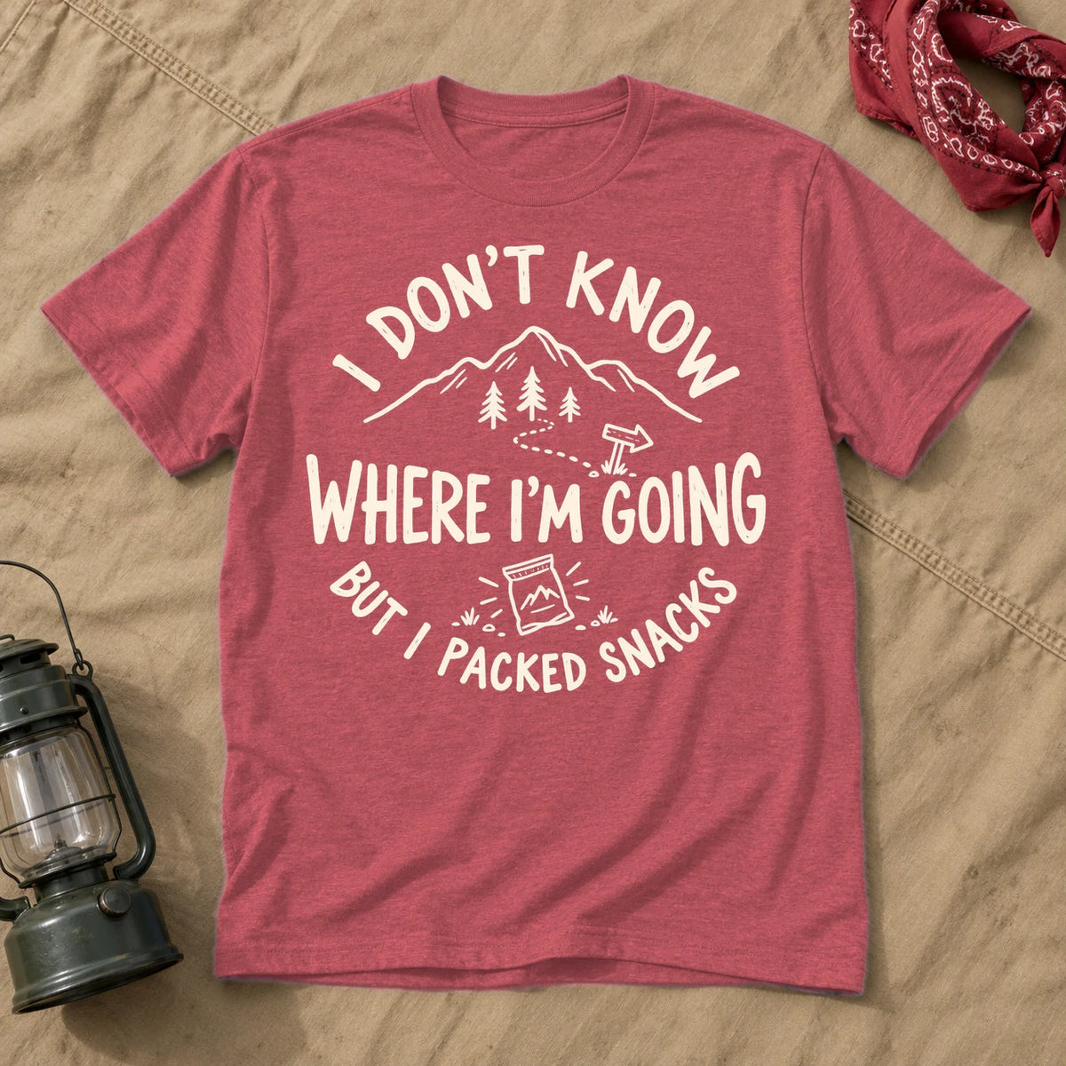 Lost But Packed Snacks Graphic Tee on Heather Red Everyday Soft Tee
