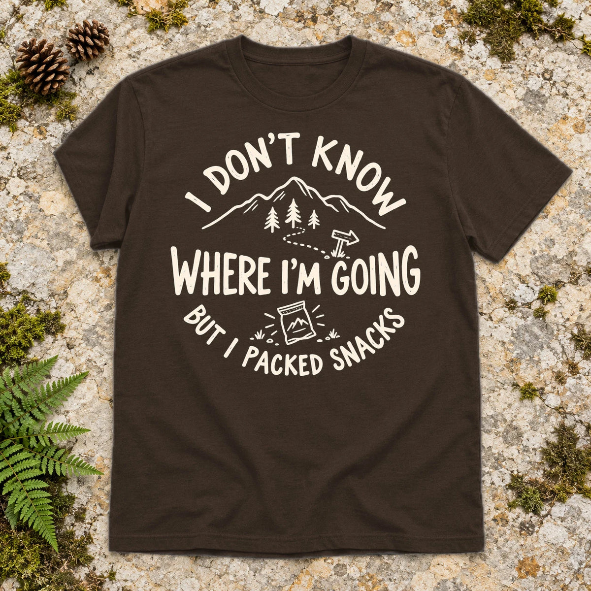 Lost But Packed Snacks Graphic Tee on Dark Chocolate Everyday Soft Tee