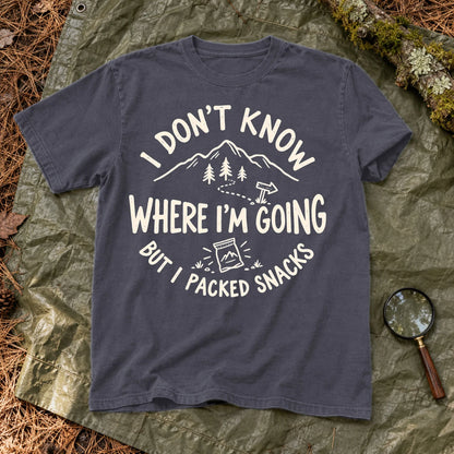 Lost But Packed Snacks Graphic Tee on Navy Premium Tee