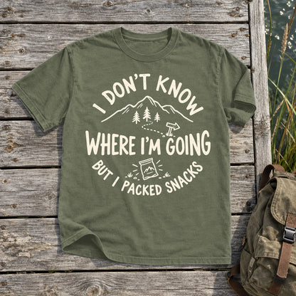 Lost But Packed Snacks Graphic Tee on Moss Premium Tee