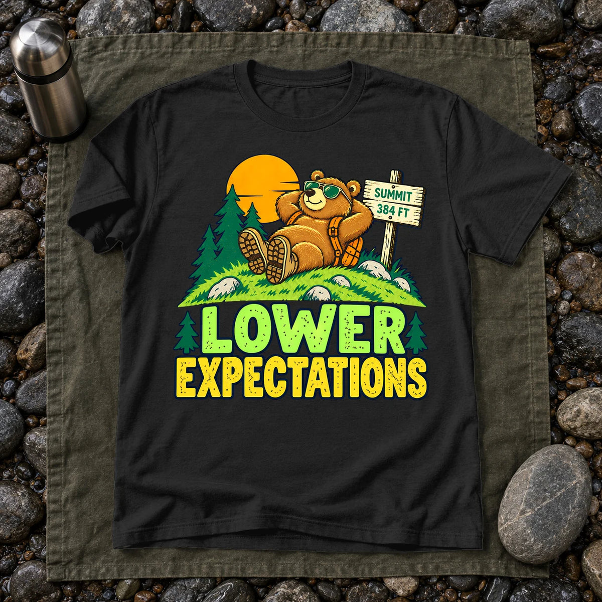 Lower Expectations Hiking Bear Graphic Tee on Black Everyday Soft Tee