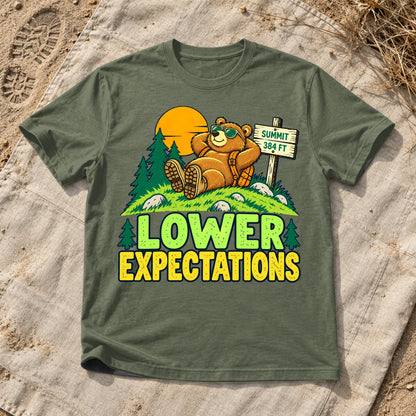 Lower Expectations Hiking Bear Graphic Tee on Military Green Everyday Soft Tee