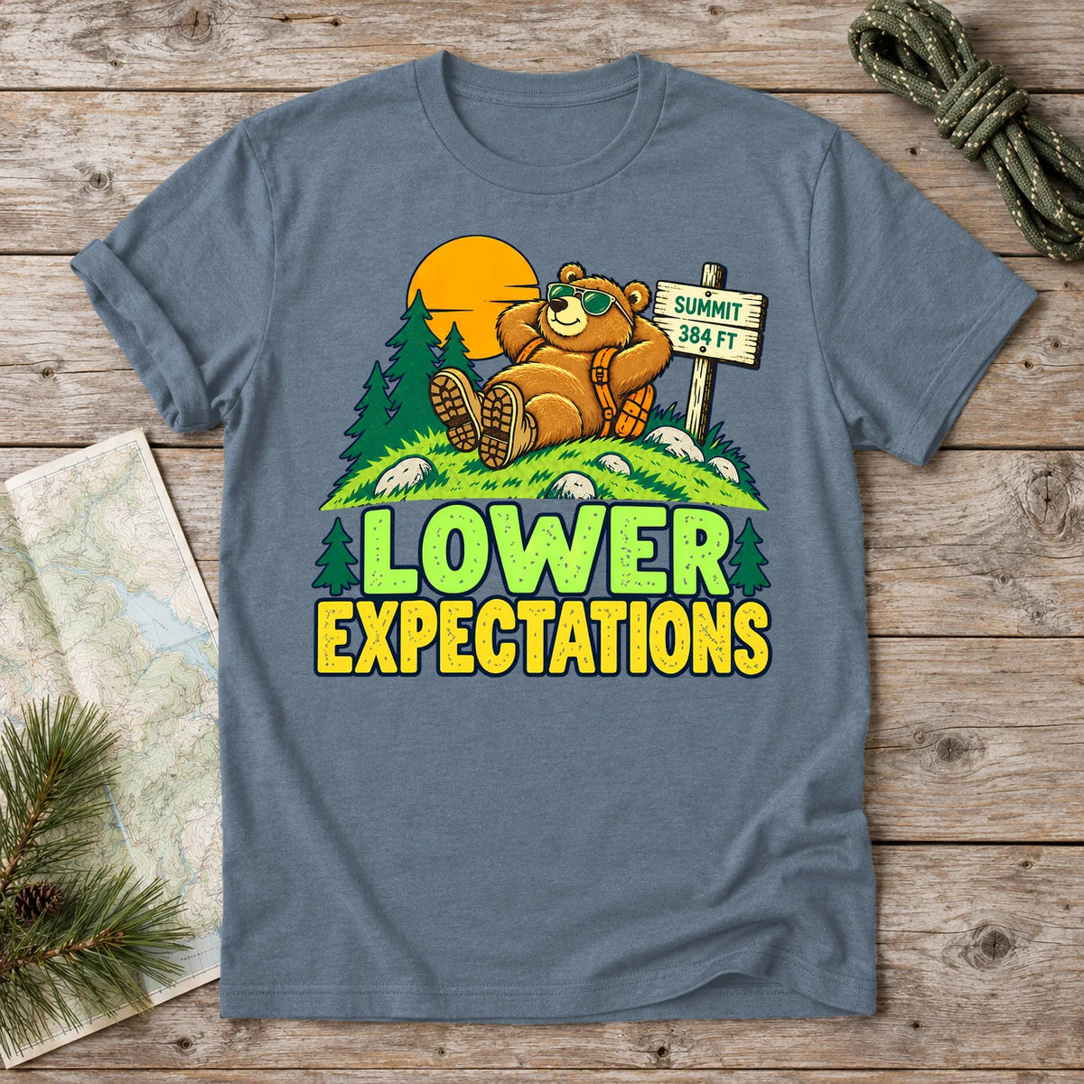 Lower Expectations Hiking Bear Graphic Tee on Heather Indigo Everyday Soft Tee