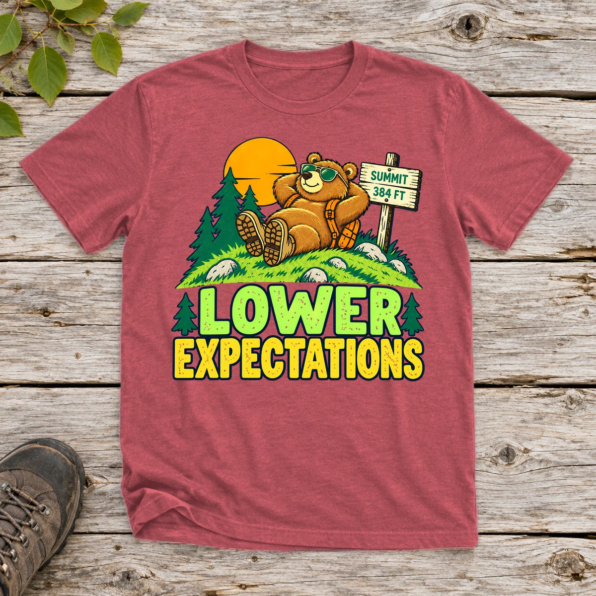 Lower Expectations Hiking Bear Graphic Tee on Heather Red Everyday Soft Tee