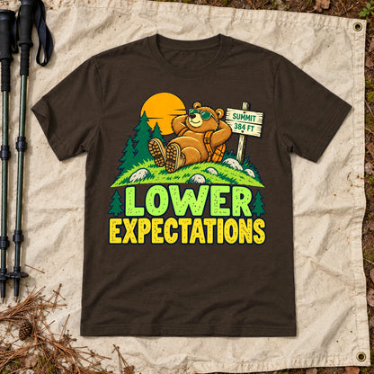 Lower Expectations Hiking Bear Graphic Tee on Dark Chocolate Everyday Soft Tee