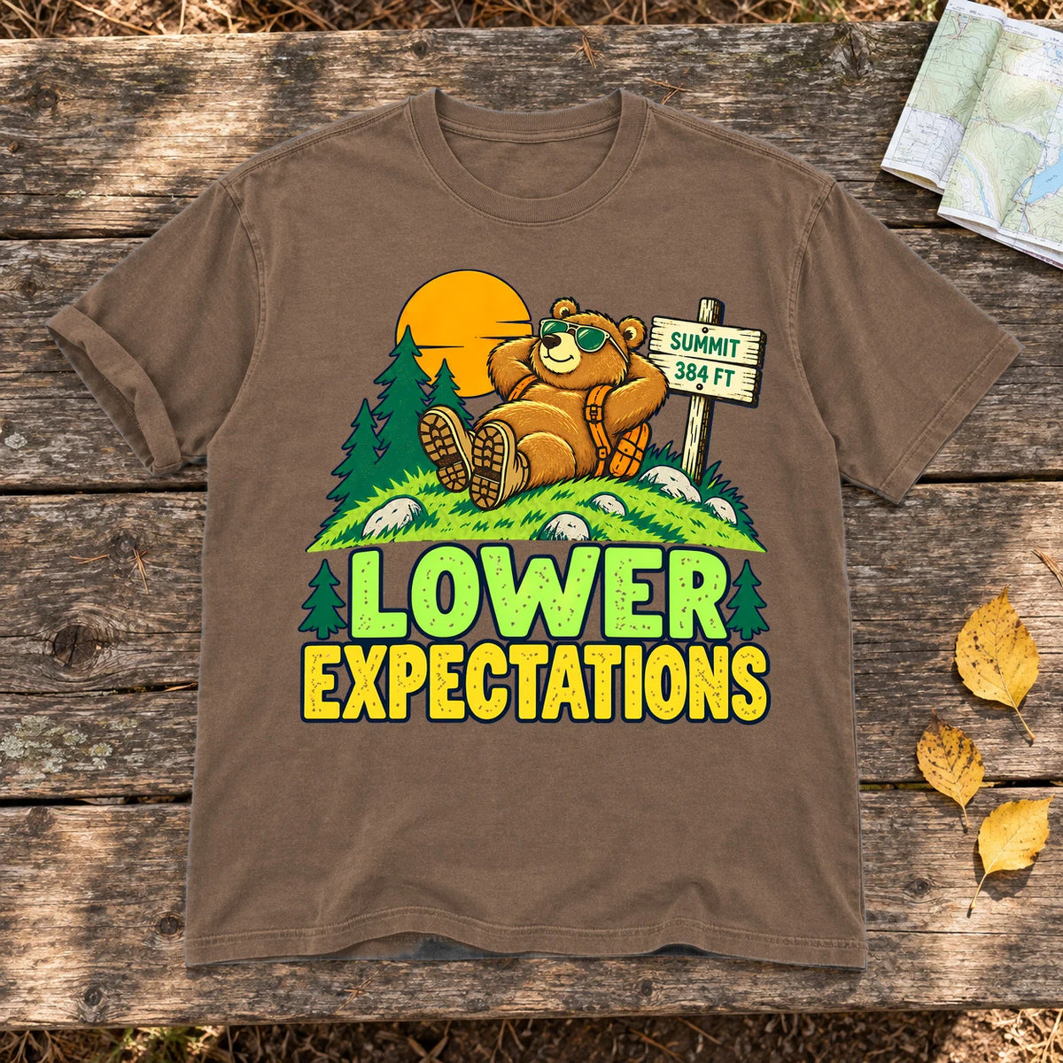 Lower Expectations Hiking Bear Graphic Tee on Espresso Premium Tee