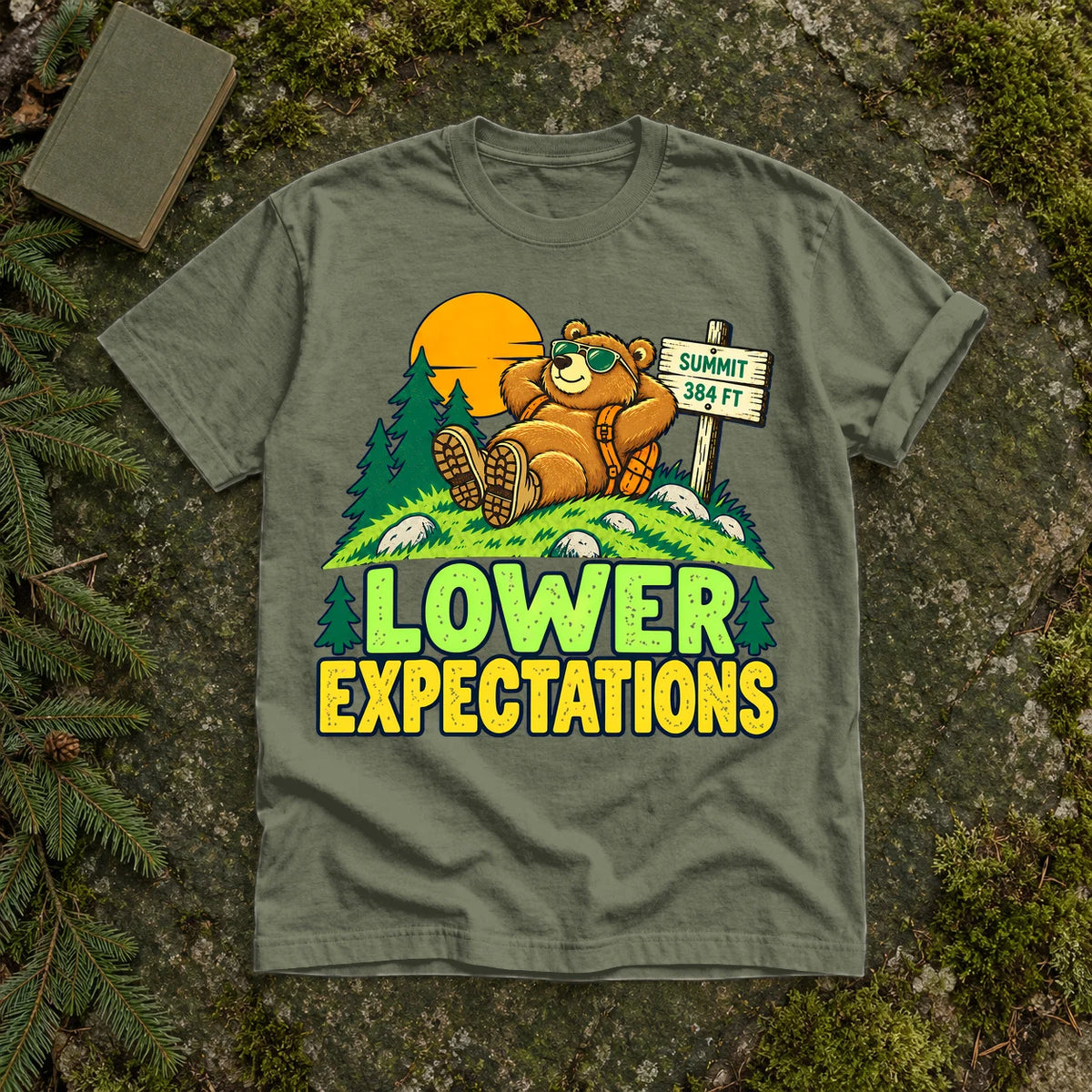 Lower Expectations Hiking Bear Graphic Tee on Moss Premium Tee