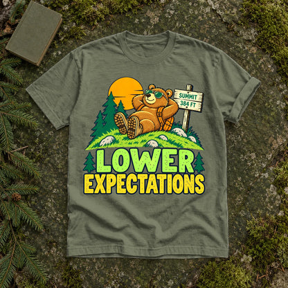 Lower Expectations Hiking Bear Graphic Tee on Moss Premium Tee