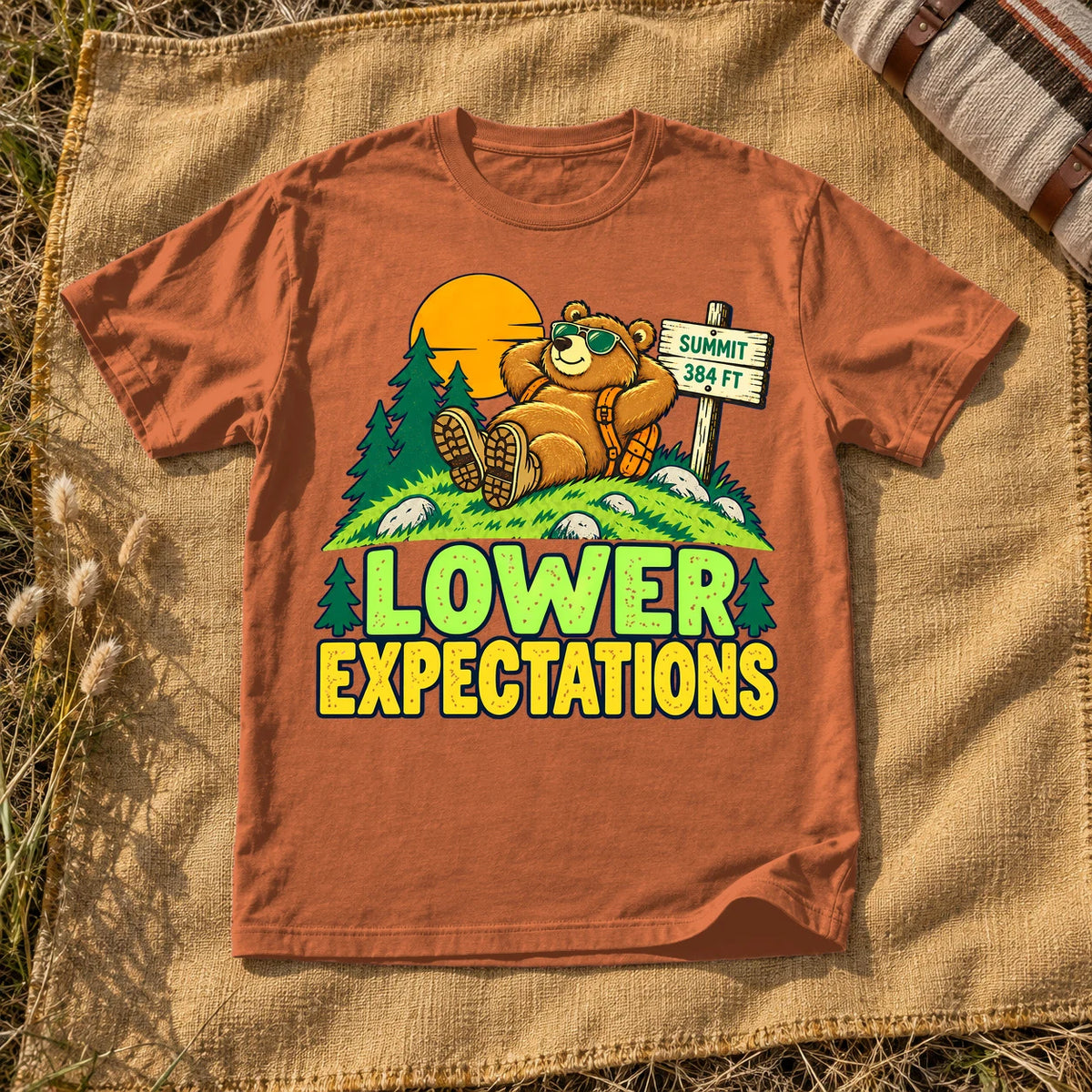 Lower Expectations Hiking Bear Graphic Tee on Yam Premium Tee
