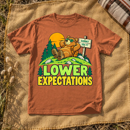 Lower Expectations Hiking Bear Graphic Tee on Yam Premium Tee