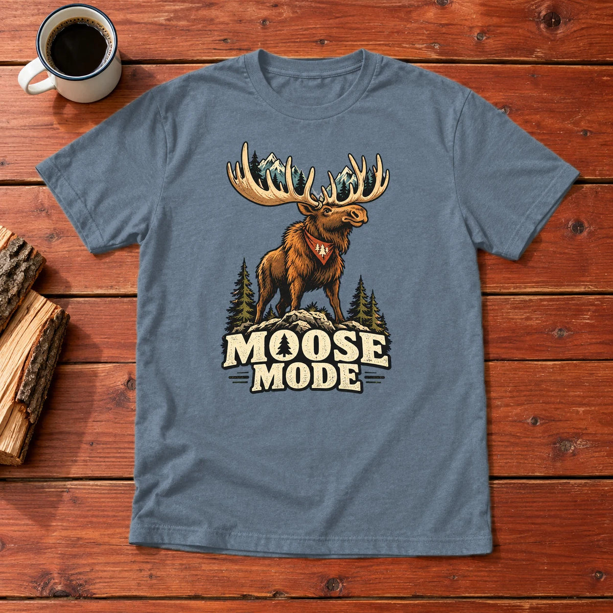 Moose Mode Vintage Graphic Tee on Heather Indigo Everyday Soft Tee