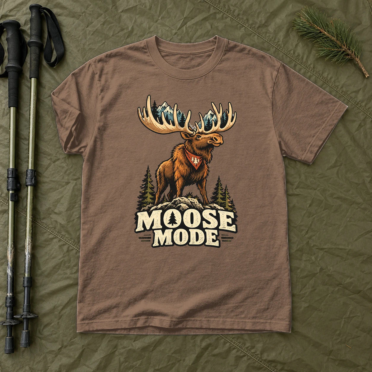 Moose Mode Vintage Graphic Tee on Espresso Premium Tee