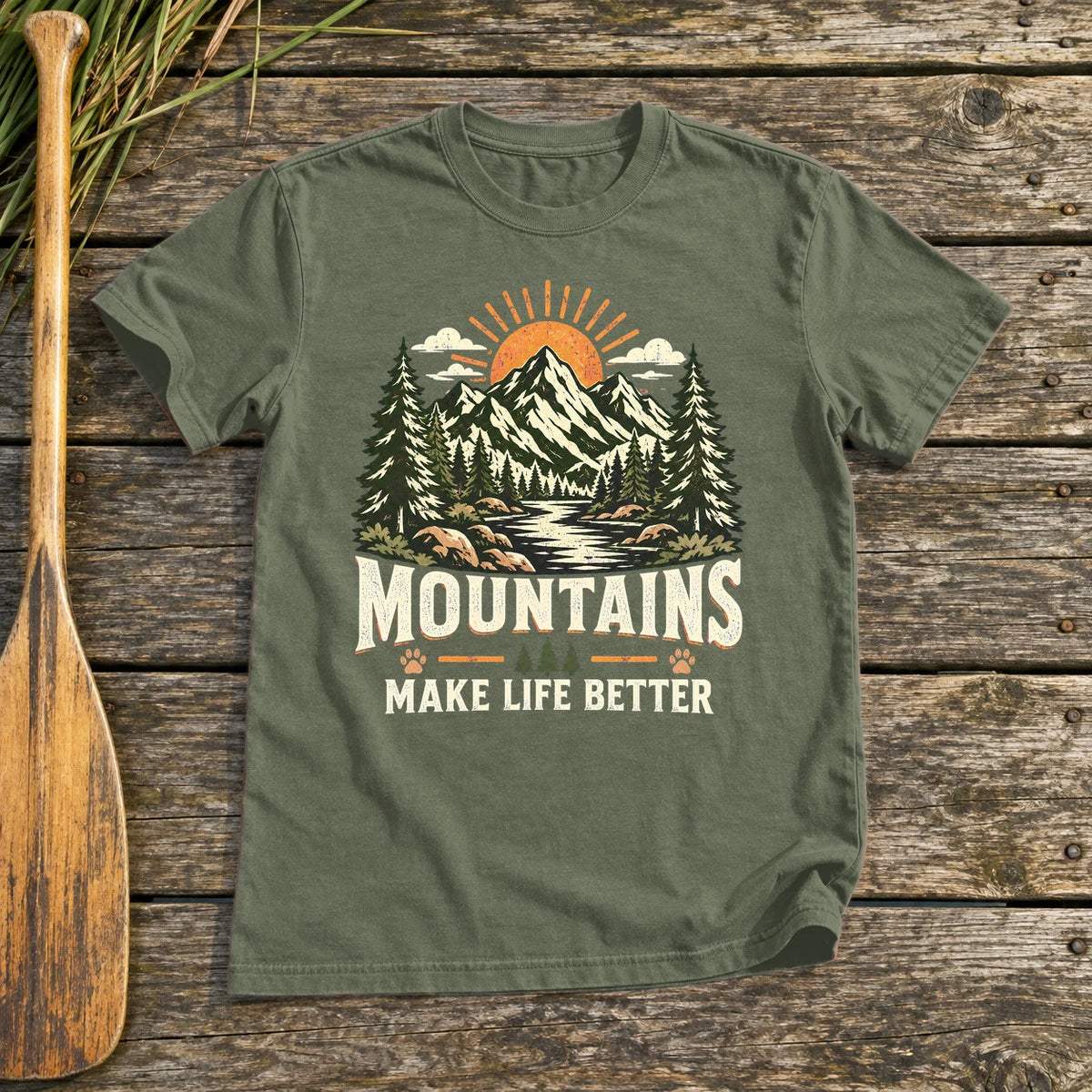 Mountains Make Life Better Graphic Tee on Military Green Everyday Soft Tee