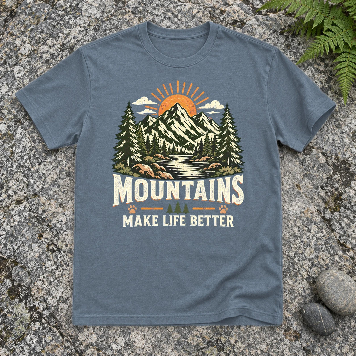 Mountains Make Life Better Graphic Tee on Heather Indigo Everyday Soft Tee