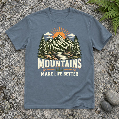 Mountains Make Life Better Graphic Tee on Heather Indigo Everyday Soft Tee